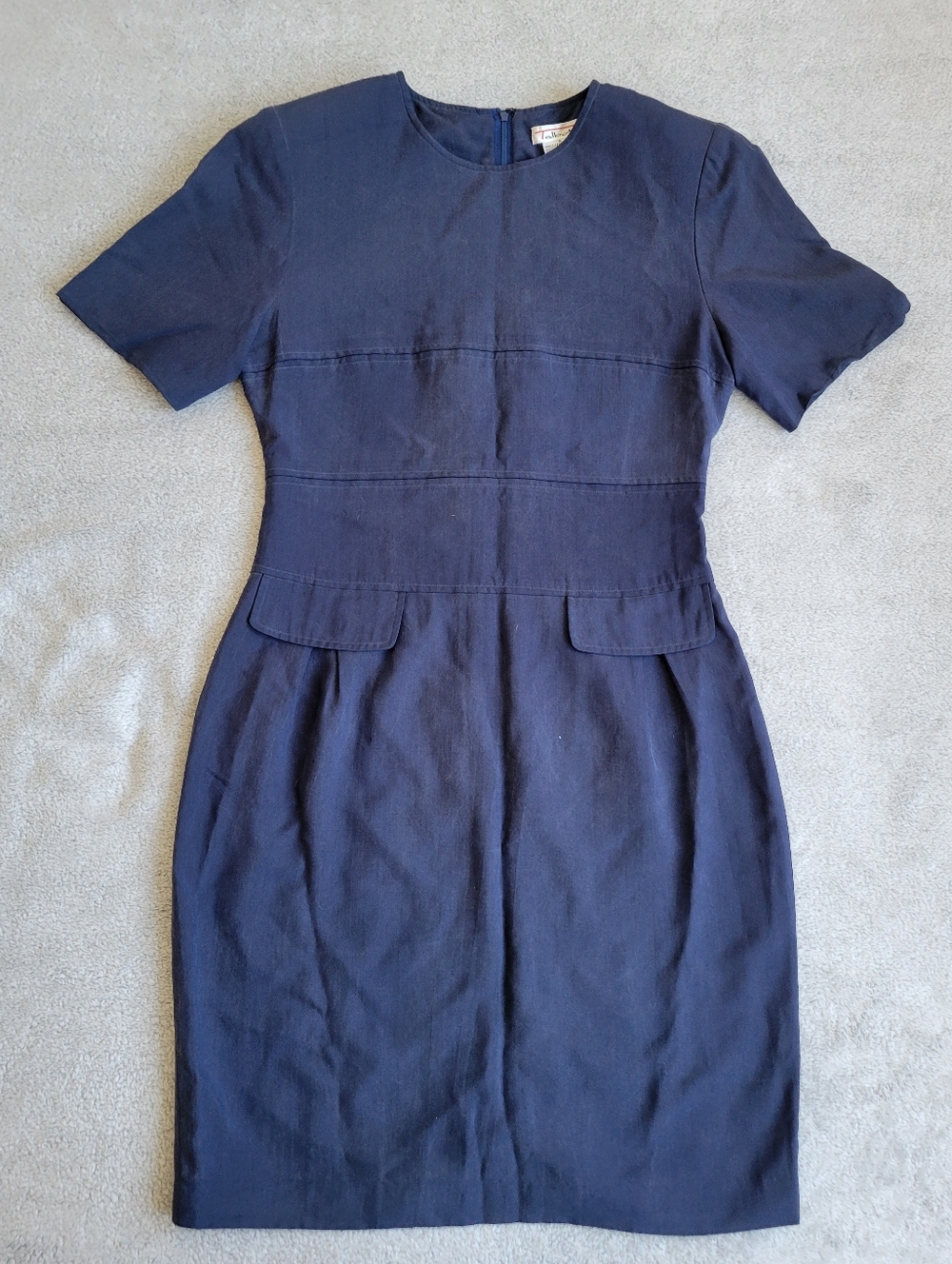 Talbots Navy Short-Sleeve Sheath Midi Silk Dress